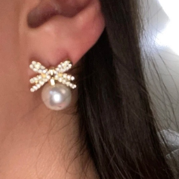 Christmas White Ornament Ball Gold Rhinestone Drop Holiday Bow Party Earrings - Picture 5 of 5